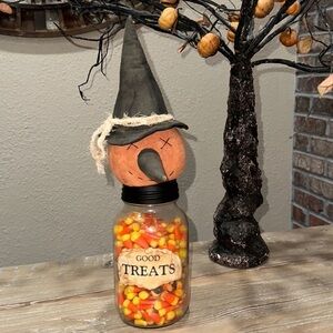 Halloween Good Treats Jar with Pumpkin w/Witch Hat
